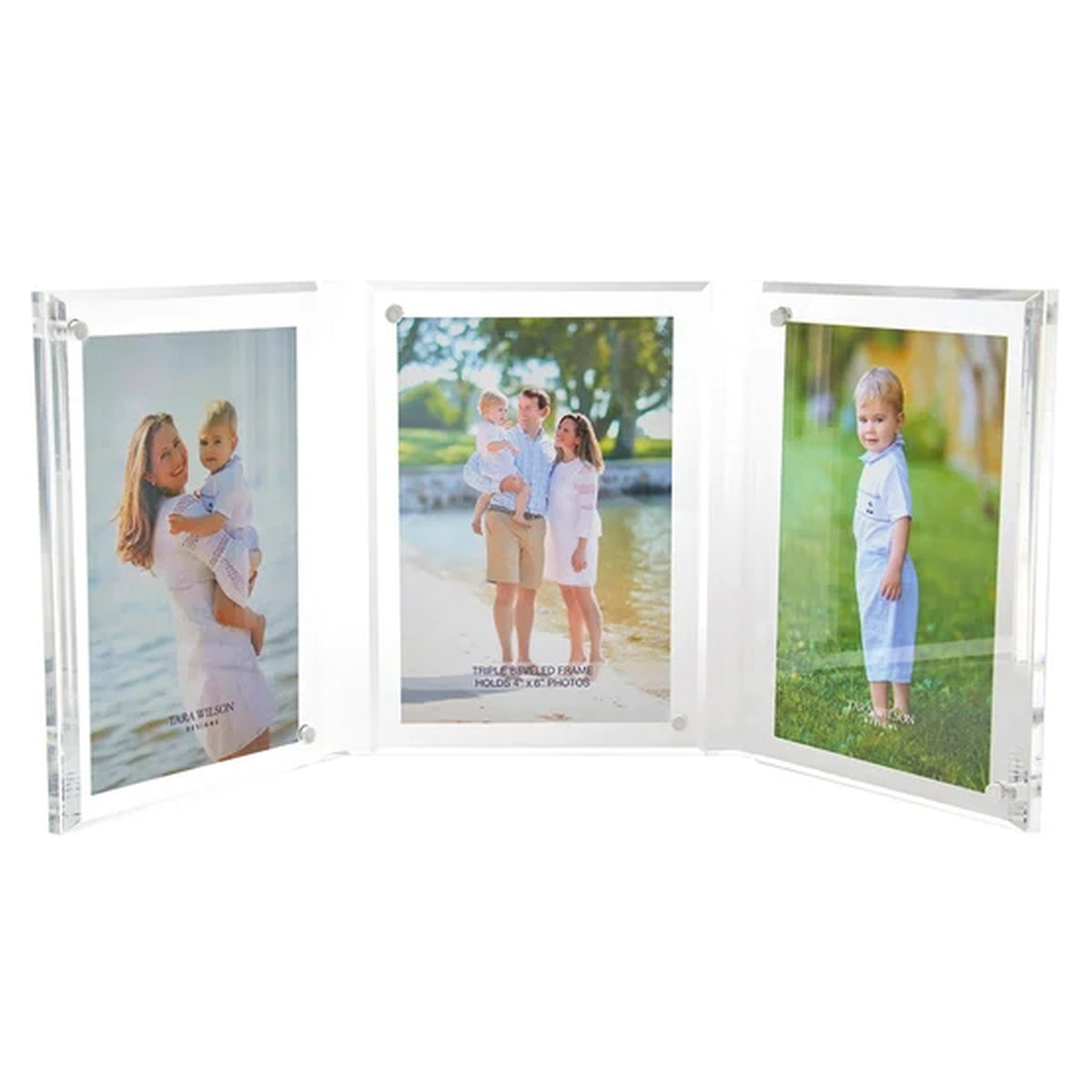 Clear Acrylic Large Triple Bevel Frame holding three photos