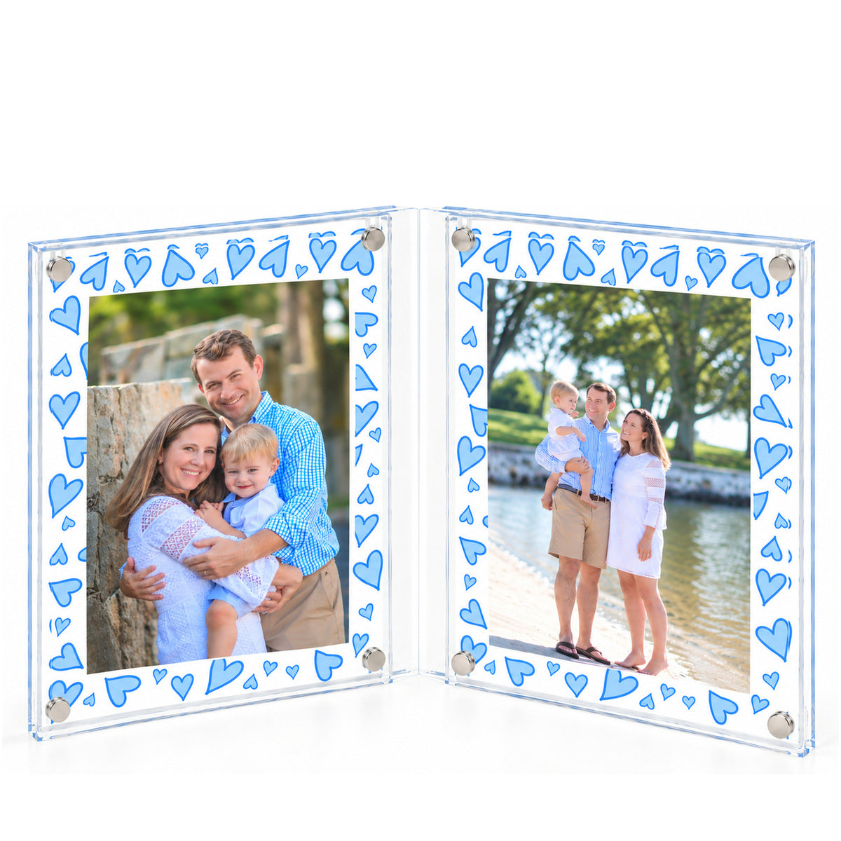 Blue Heart Acrylic Large Double Beveled Frame holding two family photos