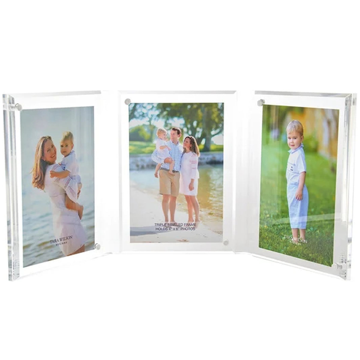 Clear Acrylic Large Triple Bevel Frame holding three photos, enlarged