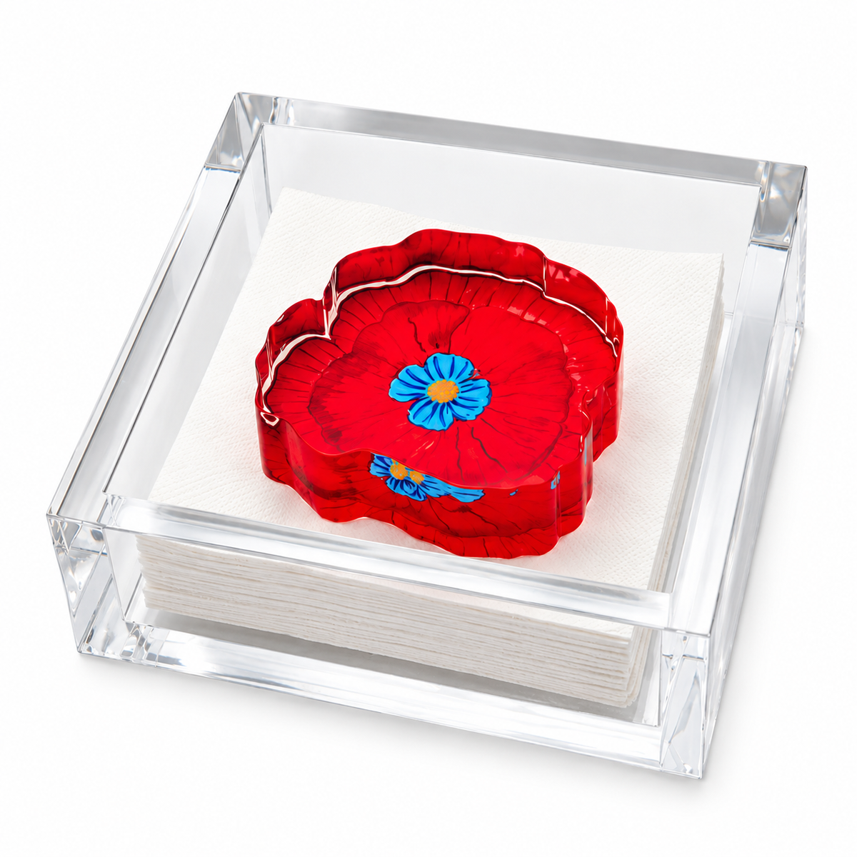 Poppy acrylic cocktail napkin holder with red floral weight and white napkins