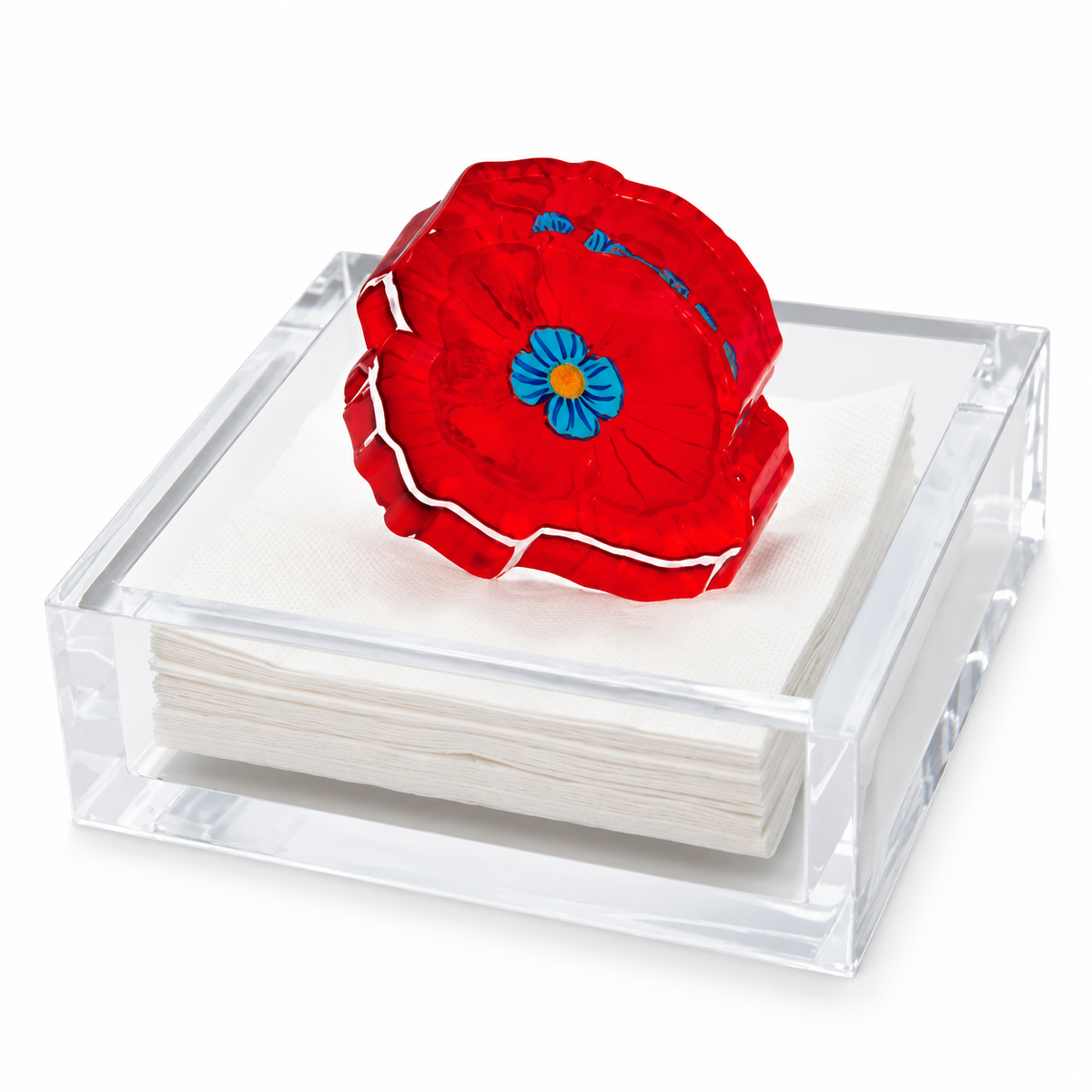 Poppy acrylic cocktail napkin holder with red poppy weight, alternate angle