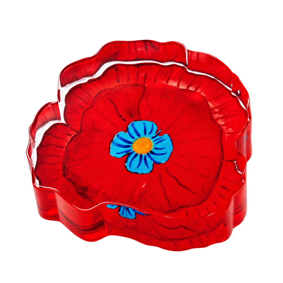 Poppy acrylic napkin weight with red floral design and blue center