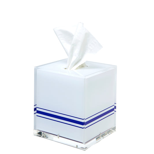White Acrylic Tissue Box With Navy Blue Piping