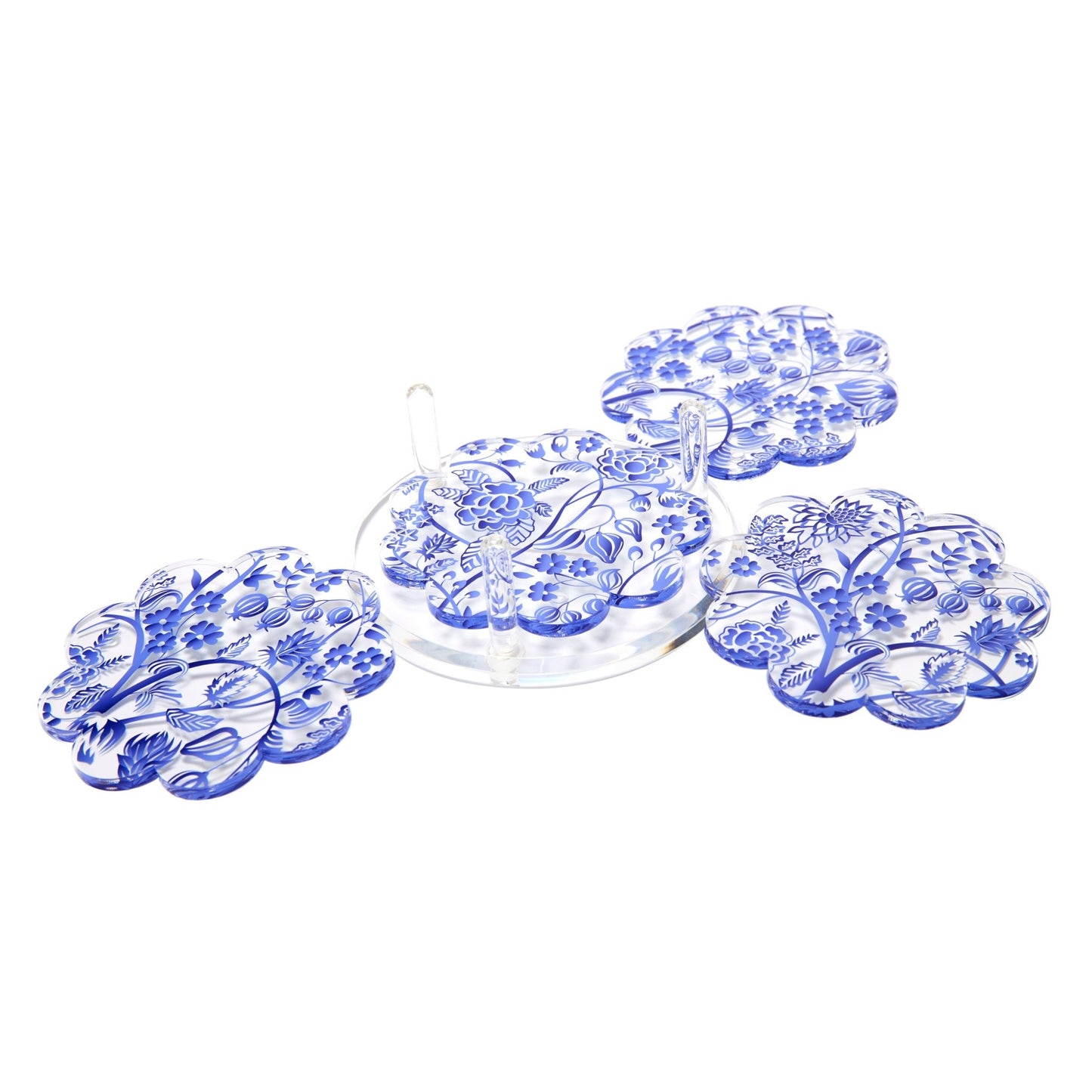 Blue Toile Acrylic Scallop Drink Coasters - Tara Wilson Designs