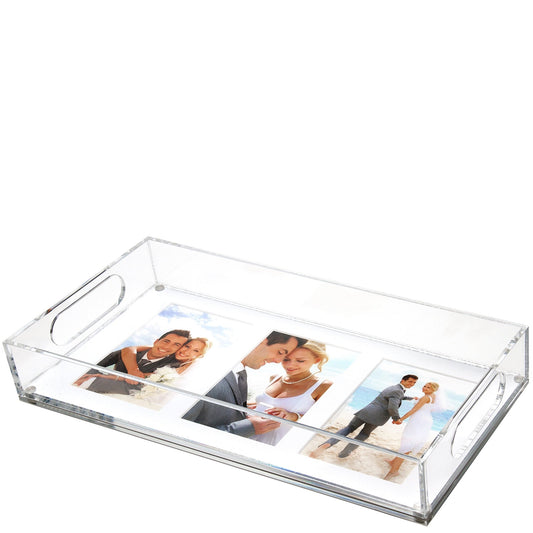 Clear Acrylic 16" x 8" Photo Tray with White Mat for Three Photos - Tara Wilson Designs