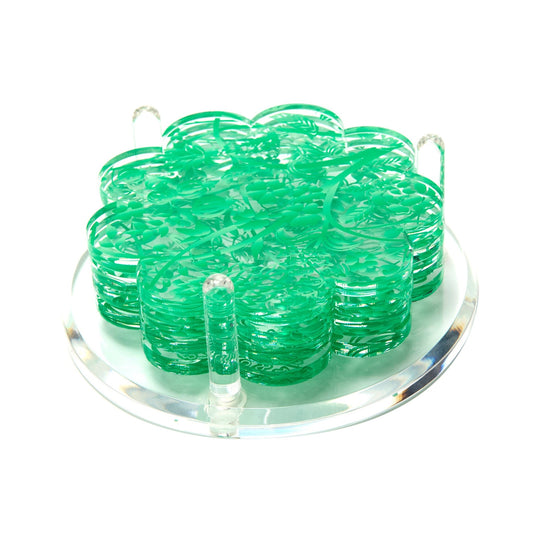 Green Toile Acrylic Scallop Drink Coasters - Tara Wilson Designs