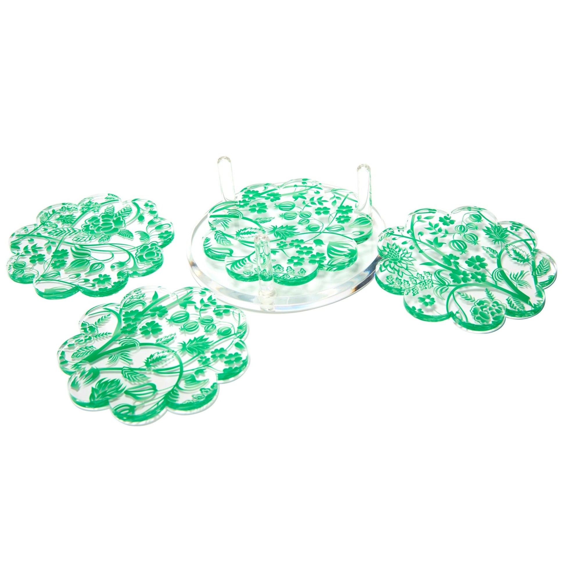 Green Toile Acrylic Scallop Drink Coasters - Tara Wilson Designs