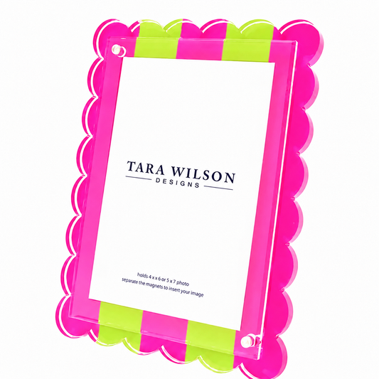 Pink and green acrylic scallop photo frame with magnetic clear lucite design for 5x7 or floating 4x6 photos.
