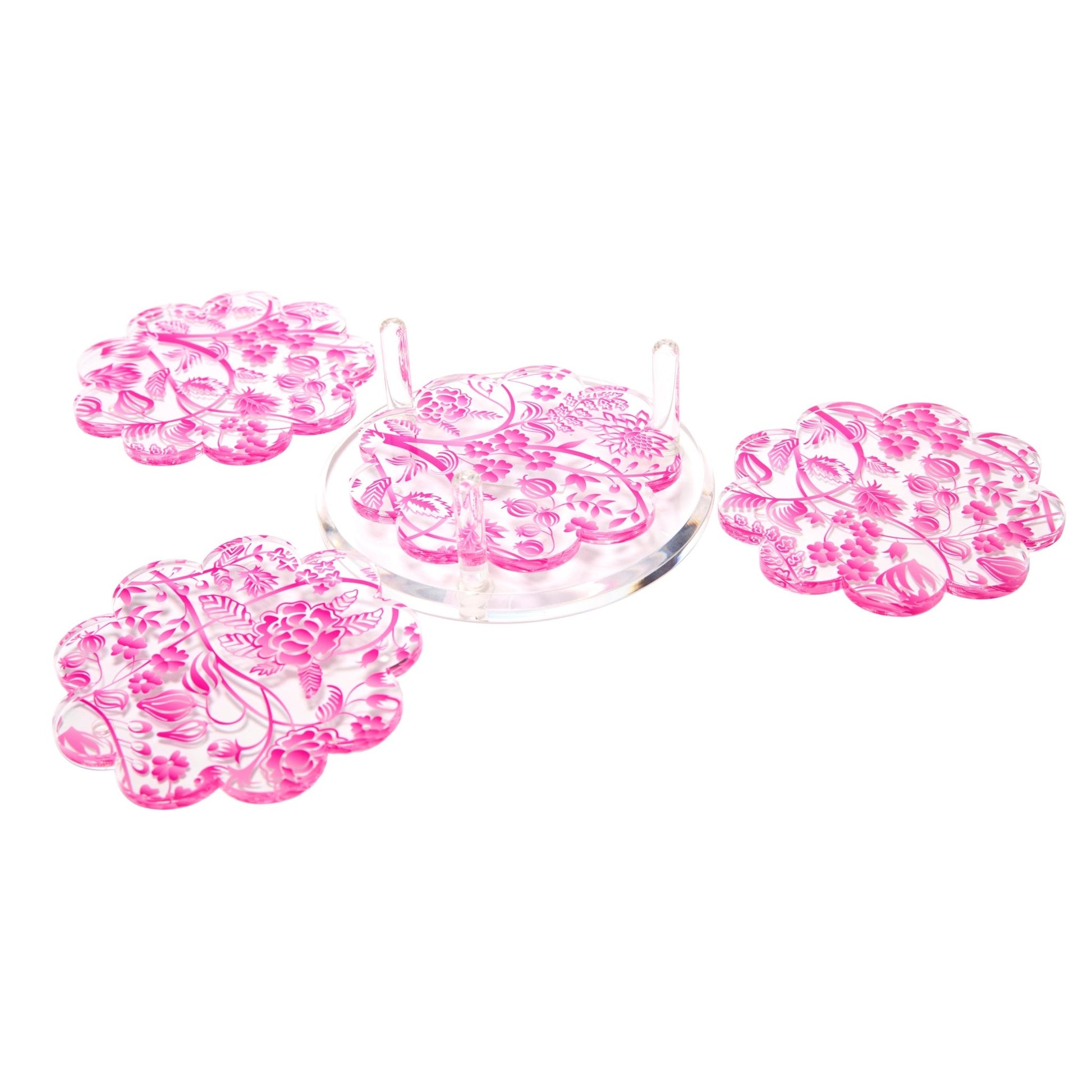Pink Toile Acrylic Scallop Drink Coasters - Tara Wilson Designs