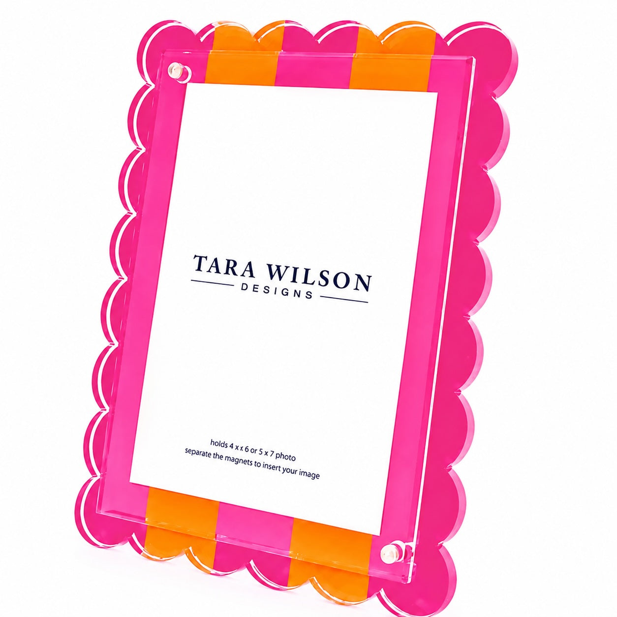 Pink and orange acrylic scallop photo frame with magnetic clear lucite design for 5x7 or floating 4x6 photos.