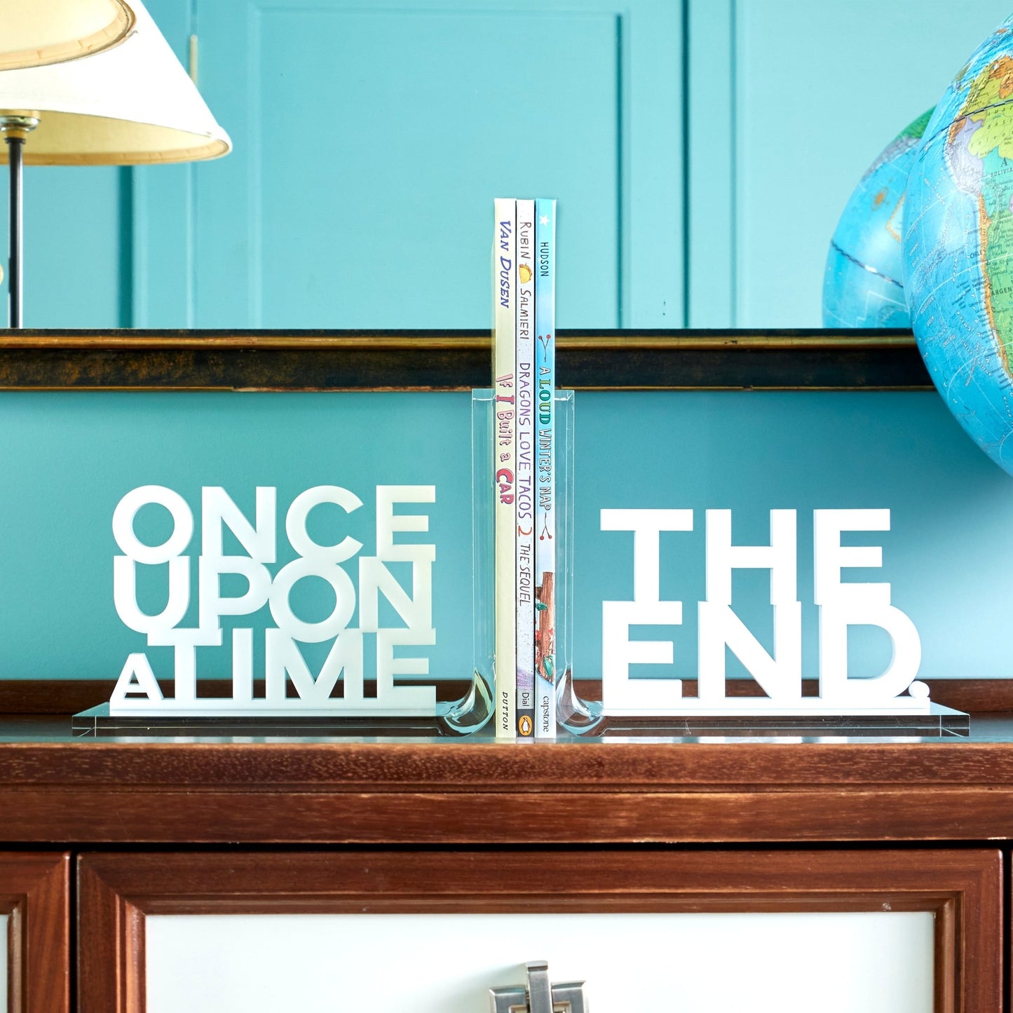 White Once Upon A Time & The End Acrylic Bookends - Tara Wilson Designs